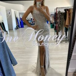 NEW ARRIVALS Honey Couture AMORE Silver Sequin Gemstone Mesh Corset Formal Gown Dress