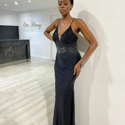 NEW ARRIVALS Honey Couture KARLIE Black Diamante Open Up Mermaid Formal Dress