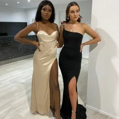 NEW ARRIVALS Honey Couture JACQUELINE Black One Shoulder Leg Split Formal Dress