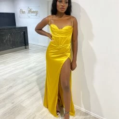 Honey Couture ZENDAYA Marigold Yellow Satin Corset Bustier Leg Split Formal Dress
