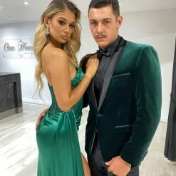 NEW ARRIVALS Honey Couture GIGI Emerald Green Corset Sparkle Bustier Strapless Mermaid Formal Gown Dress