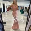 Honey Couture ISLA Pink Beaded Lace Bust Formal Dress