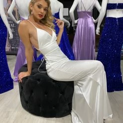 Honey Couture RIKKI White Open Lace Up Back Formal Dress