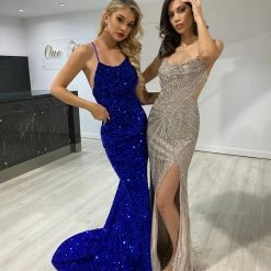 NEW ARRIVALS Honey Couture TAYTUM Electric Blue Sequin Mermaid Evening Gown Dress