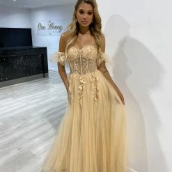 Honey Couture BLOOM Champagne Bustier Lace Applique Tulle Formal Dress