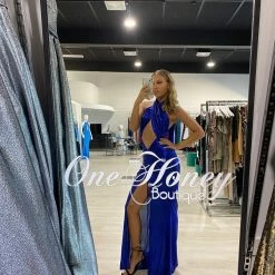 NEW ARRIVALS Honey Couture DARIA Electric Blue Bum Ruching Cut Out Tie Up Formal Dress