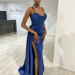 Honey Couture SOPHIE Navy Blue Satin Beaded Bustier Formal Dress NEW ARRIVALS