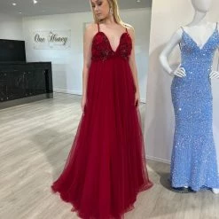 Honey Couture PEYTON Wine Burgundy 3D Flowers Formal Gown NEW ARRIVALS