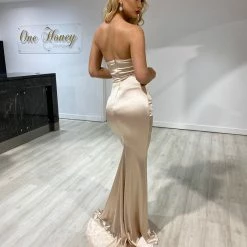 NEW ARRIVALS Honey Couture AZALIA Gold Silky Bustier Strapless Mermaid Formal Dress