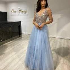 NEW ARRIVALS Honey Couture DEBBIE Blue Beaded Tulle Skirt Formal Dress