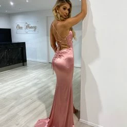 NEW ARRIVALS Honey Couture JALI Rose Pink Lace Back Silky Bum Ruching Formal Dress