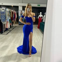 Honey Couture MCKENNA Electric Blue Off Shoulder Mermaid Formal Dress