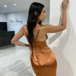 Honey Couture JENNA Sienna Silky Mermaid Gown