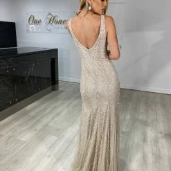 NEW ARRIVALS Honey Couture ALEYANDRA Champagne Silver Beaded Sequin Lace Up Formal Dress