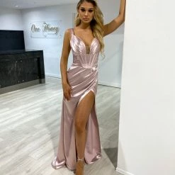 NEW ARRIVALS Honey Couture SASHA Pearl Blush Pink Satin Corset Leg Split Formal Dress