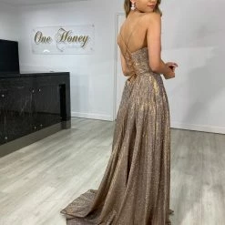 Honey Couture KYLA Copper Shimmer Lace Up Back Formal Gown Dress