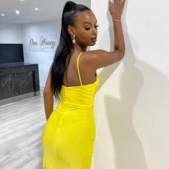 Honey Couture ZURI Neon Yellow Corset Ruched Formal Gown Dress NEW ARRIVALS