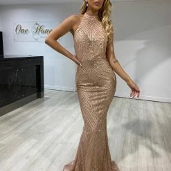 NEW ARRIVALS Honey Couture HYRA Pink & Gold Halter Glitter Formal Dress
