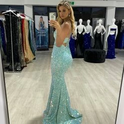 NEW ARRIVALS Honey Couture ROXY Green Tie Up Corset Back Sequin Mermaid Evening Gown Dress