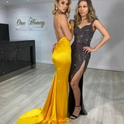 Honey Couture ISHANI Black Multi Colour Sequin Gemstone Mesh Formal Gown Dress NEW ARRIVALS