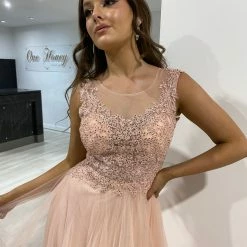 NEW ARRIVALS Honey Couture MADDIE Blush Tulle Lace Bodice Formal Dress