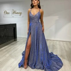 Honey Couture Made To Your Measurements NEW ARRIVALS Honey Couture TAHLIA W DANIELLA Back Glitter Fabric Lace Up Back Formal Dress