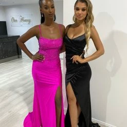 NEW ARRIVALS Honey Couture LEONIE Fuchsia Hot Pink Diamante Leg Split Mermaid Formal Dress