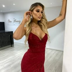 Honey Couture CRISTELLA Red Crystal Feature Mermaid Formal Gown