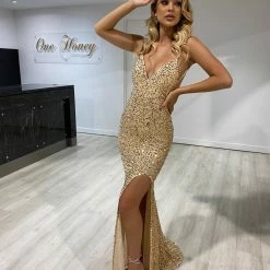 NEW ARRIVALS Honey Couture KAYTUM Gold Sequin Mermaid Evening Gown Dress