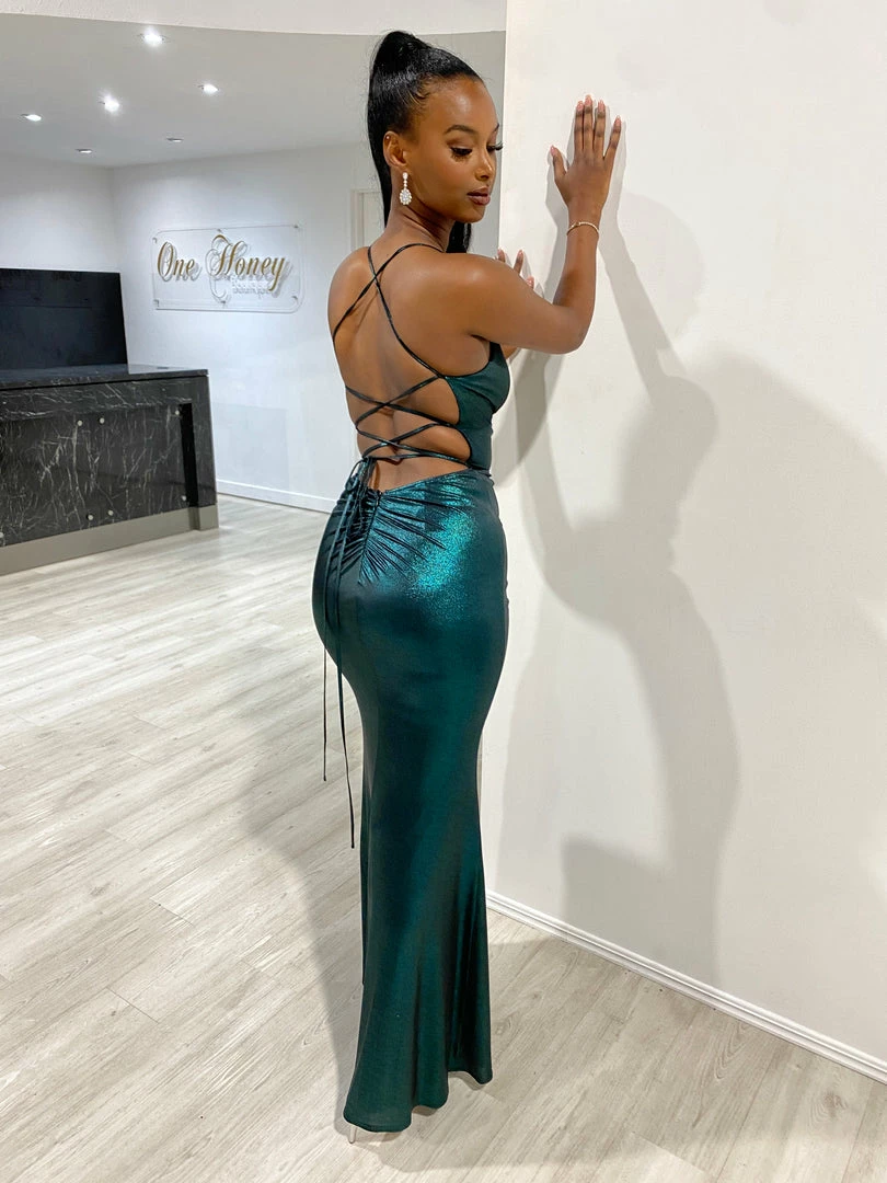 NEW ARRIVALS Honey Couture MARIBELLA Green Shimmer Lace Back Bum Ruching Formal Dress 3 NEW ARRIVALS Honey Couture MARIBELLA Green Shimmer Lace Back Bum Ruching Formal Dress