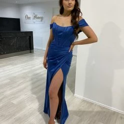 NEW ARRIVALS Honey Couture TYRA Soft Navy Blue Corset Bustier Leg Split Formal Dress