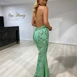 NEW ARRIVALS Honey Couture TRISTIN Green Sequin Low Back Formal Dress