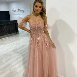 Honey Couture BLOOM Blush Pink Bustier Lace Applique Tulle Formal Dress