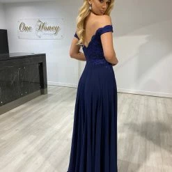 NEW ARRIVALS Honey Couture CARMEN Navy Blue Lace Applique Chiffon Bridesmaid Formal Dress