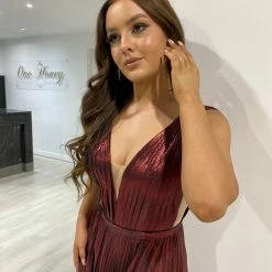 Honey Couture TRACEY Burgundy Shimmer Pleated Formal Gown NEW ARRIVALS