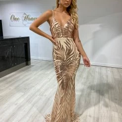 NEW ARRIVALS Honey Couture GENENE Rose Gold Thin Strap Sequin Formal Dress