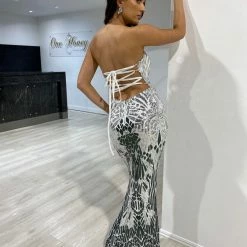Honey Couture CIENNA White Silver & Black Lace Up Mermaid Formal Dress