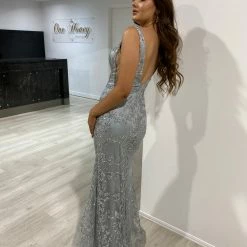 NEW ARRIVALS Honey Couture CAROLINE Silver Mesh Glitter Formal Gown Dress