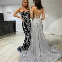 NEW ARRIVALS Honey Couture LA ROSA Silver Strapless Sequin Evening Gown Dress