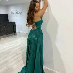 NEW ARRIVALS Honey Couture KYLA Emerald Green Shimmer Lace Up Back Formal Gown Dress