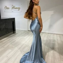 NEW ARRIVALS Honey Couture COCO Dusty Blue Low Back Bum Ruching Mermaid Formal Dress