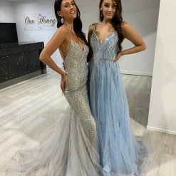 NEW ARRIVALS Honey Couture CHARLISE Blue A Line Diamante Ballgown Formal Dress