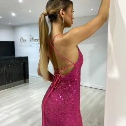 Honey Couture MARILYN Magenta Hot Pink Sequin Corset Lace Up Formal Dress