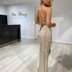 NEW ARRIVALS Honey Couture LUZ Champagne Gold Lace Up Sequin Formal Gown Dress