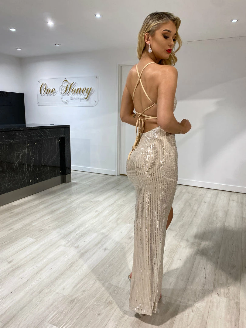 NEW ARRIVALS Honey Couture LUZ Champagne Gold Lace Up Sequin Formal Gown Dress 3 NEW ARRIVALS Honey Couture LUZ Champagne Gold Lace Up Sequin Formal Gown Dress