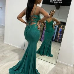 NEW ARRIVALS Honey Couture JULIANA Emerald Green Lace Up Back Diamante Mermaid Formal Dress