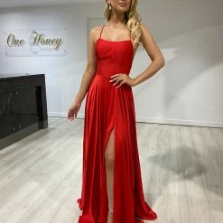Honey Couture PERRY Red Lace Up Silky Formal Gown Dress