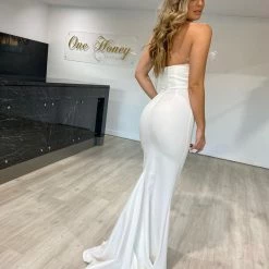 NEW ARRIVALS Honey Couture NARDIA White Feather Strapless Mermaid Evening Gown Dress