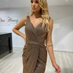 NEW ARRIVALS Honey Couture RHEA Copper Metallic Shimmer Formal Dress