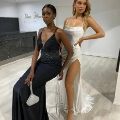 Honey Couture QUINN Off White Satin Lace Up Formal Dress